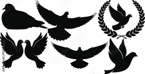 Silhouette set of flying doves and pigeons in various poses, wings spread, bird shapes in flight and peace symbol design elements isolated on white background

