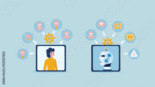 Illustration depicting human and robot interaction mediated by digital devices and data exchange