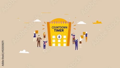 Illustration of a countdown timer calendar surrounded by celebrating people in a flat design style