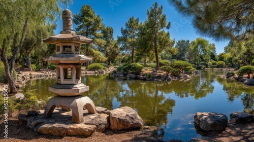 Wallpaper Mural Tranquil Japanese Garden with Stone Lantern, Serene Pond, and Lush Greenery Under Clear Blue Sky Torontodigital.ca