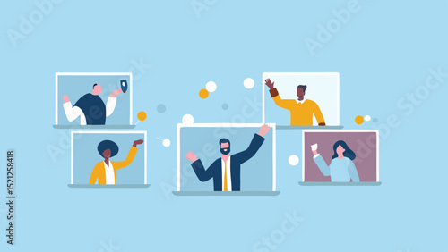 Diverse group of people in a video conference call on laptops against a light blue background