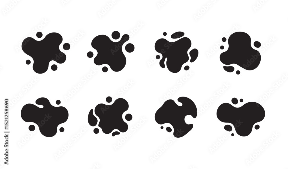 Set of eight abstract black silhouette splashes and splatter design elements isolated on white background Set of eight abstract black silhouette splashes and splatter design elements isolated on white background