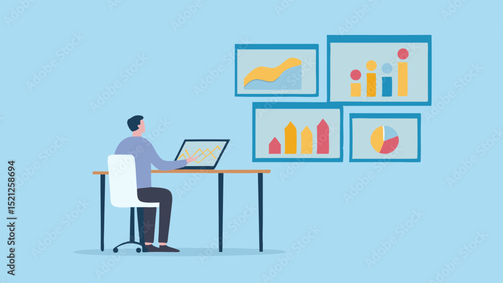 Person working on laptop with data charts displayed on wall in light blue office setting seen from behind Person working on laptop with data charts displayed on wall in light blue office setting seen from behind