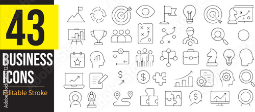 Business Planning, Teamwork, and Goal Set Icon Collection. Editable Stroke. Pixel Perfect, Vector Illustration. Medal, Flag, Dollar, Achievement, Team Building, New Idea.