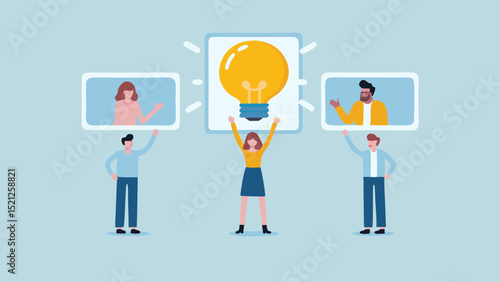 Team collaboration with a central light bulb, supported by remote participants in video call screens