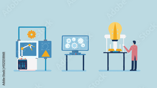 Illustration of an automated factory with a robotic arm and a lightbulb experiment being tested