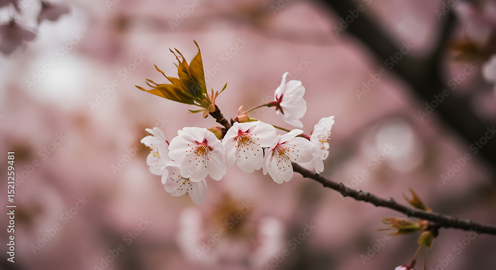 Obraz premium Close-up of pale pink cherry blossoms on a branch with soft bokeh background.