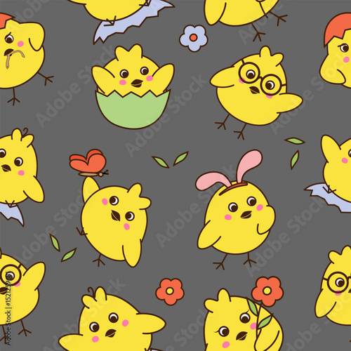 Seamless pattern with cute little chickens  on grey background.
