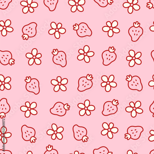 Seamless coquette pattern with cute red strawberries and cream flowers on a soft pink background. Playful and girly design perfect for fabric, stationery, wallpapers, and digital decor.