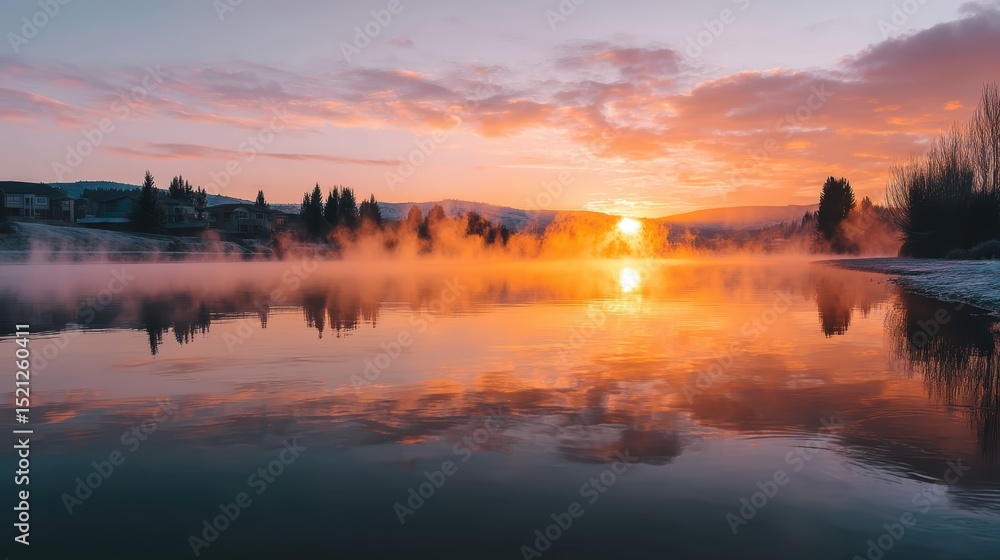 Obraz premium artistic professional photo of cold mist rising from a river at sunrise, perfect lighting, realistic and cinematic style