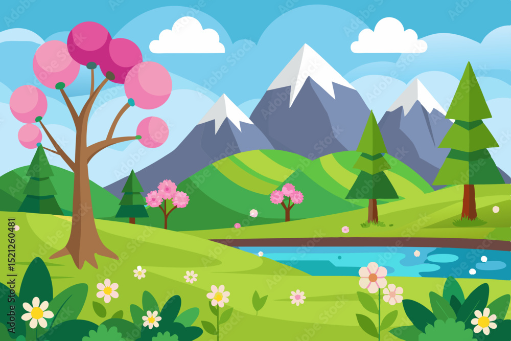 Fototapeta premium spring landscape illustration with mountains, trees, flowers and blue sky