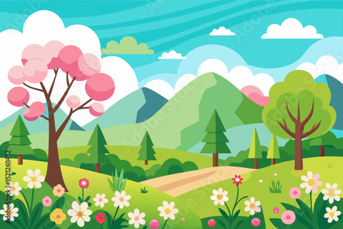 spring landscape illustration with mountains, trees, flowers and blue sky


