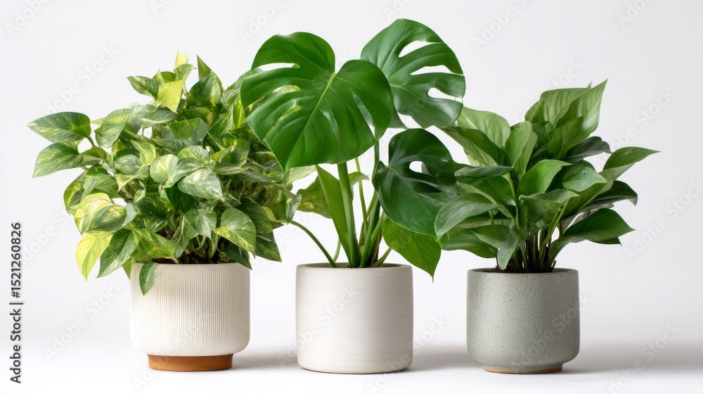 Obraz premium Assortment of Indoor Plant Pots with Lush Green Foliage for Brightening Home or Office Spaces in Natural Light