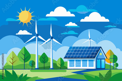 renewable energy landscape with solar panels, wind turbines and green environment for sustainable future