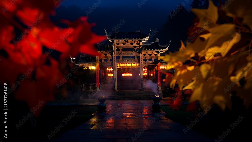 Fototapeta premium Enchanted Autumn Night Illuminated Asian Temple Amidst Vibrant Fall Foliage