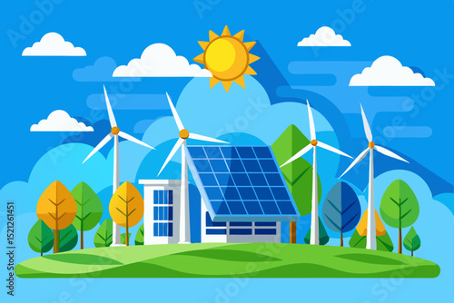 renewable energy landscape with solar panels, wind turbines and green environment for sustainable future