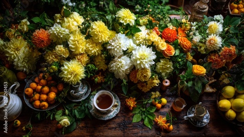 Wallpaper Mural Vibrant Flower Arrangement with Yellow, Orange, and White Flowers Set on Rustic Wood Table Surrounded by Fresh Fruits and Tea Torontodigital.ca