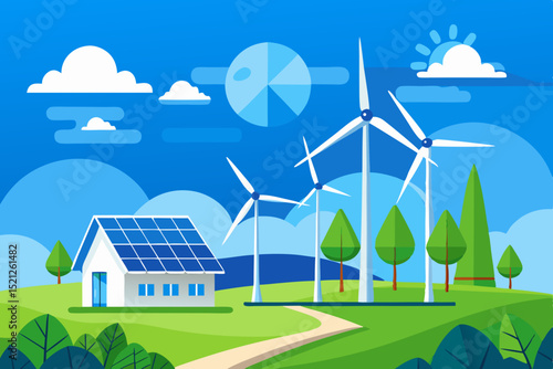 renewable energy landscape with solar panels, wind turbines and green environment for sustainable future