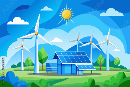 renewable energy landscape with solar panels, wind turbines and green environment for sustainable future