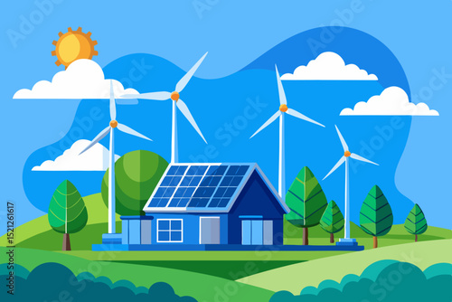 renewable energy landscape with solar panels, wind turbines and green environment for sustainable future