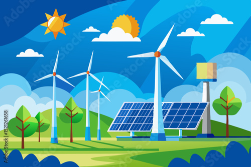 renewable energy landscape with solar panels, wind turbines and green environment for sustainable future