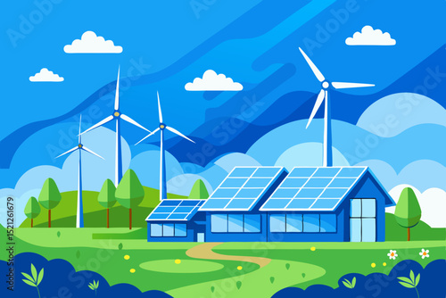 renewable energy landscape with solar panels, wind turbines and green environment for sustainable future
