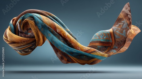 artistic professional photo of patterned scarf twisting mid-fall in soft studio light, perfect lighting, realistic and cinematic style