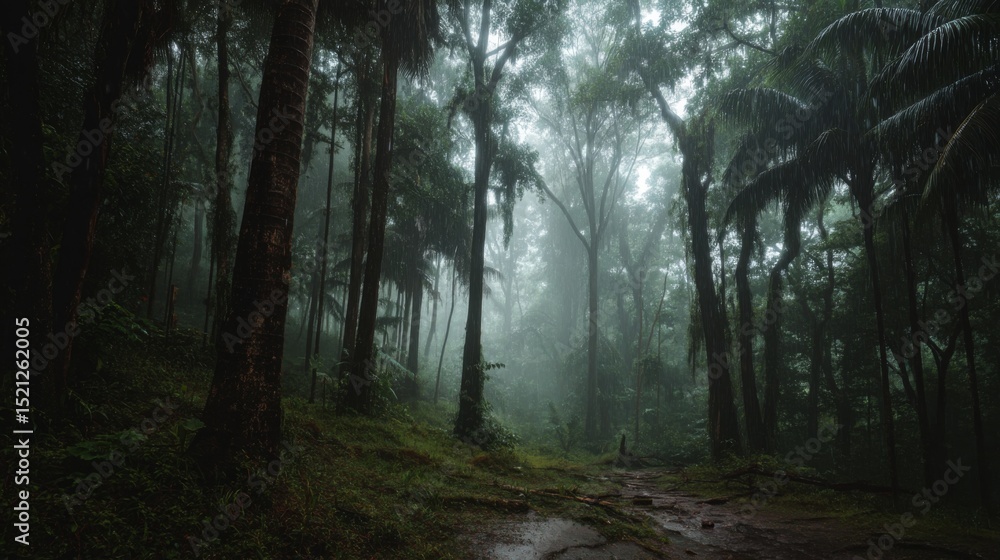 Naklejka premium Misty Forest Pathway Surrounded by Lush Greenery and Tall Trees in a Tranquil Jungle Environment