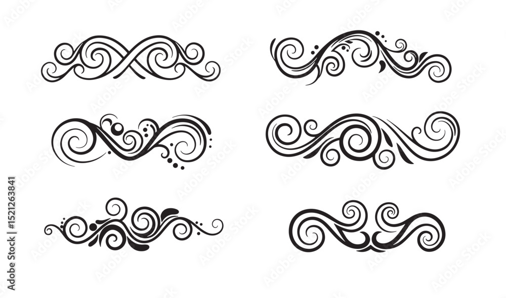 Decorative silhouette swirls and flourishes design elements for elegant graphic design and illustration projects Decorative silhouette swirls and flourishes design elements for elegant graphic design and illustration projects