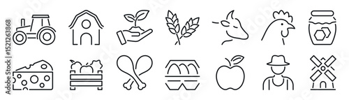 Farm outline vector icon set