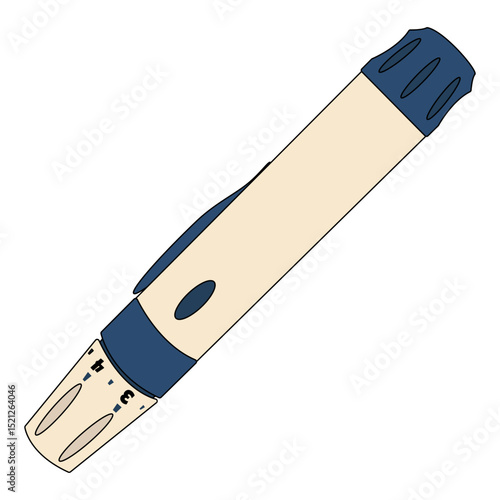 Mechanical lancing device with adjustable depth setting for finger pricking to obtain blood for glucose testing on a white background. Concept of diabetes mellitus, chronic illness, and healthcare.