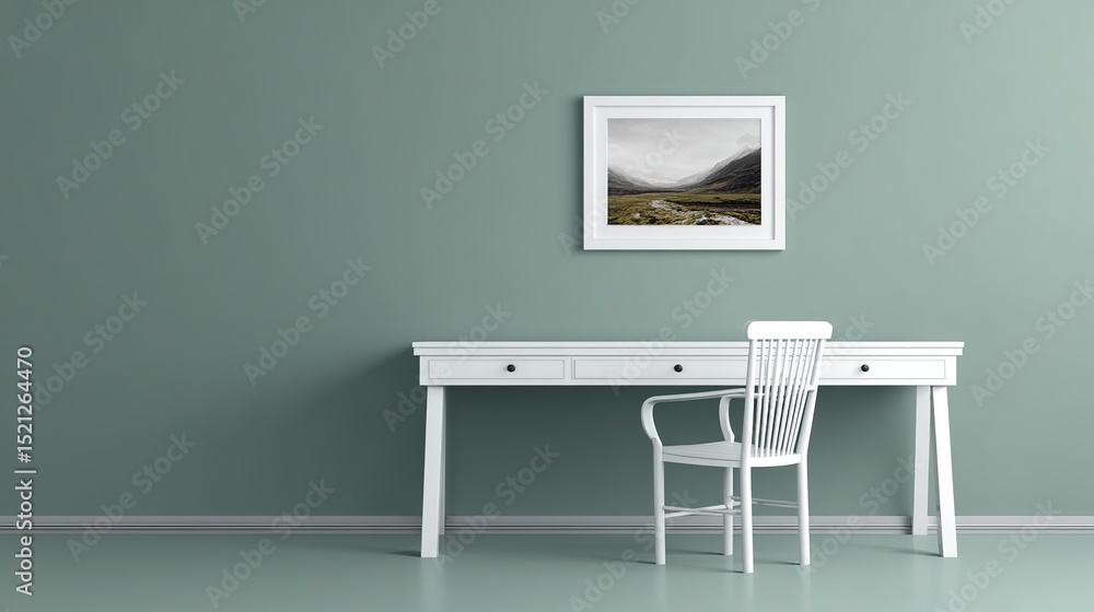 Fototapeta premium Sleek minimalist white desk with chair and framed photo, featuring a clean and uncluttered solid background.