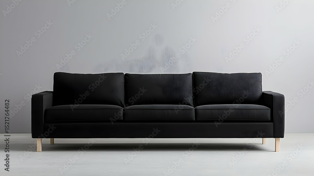 Fototapeta premium Modern Black Sofa With Wooden Legs On Light Gray Background