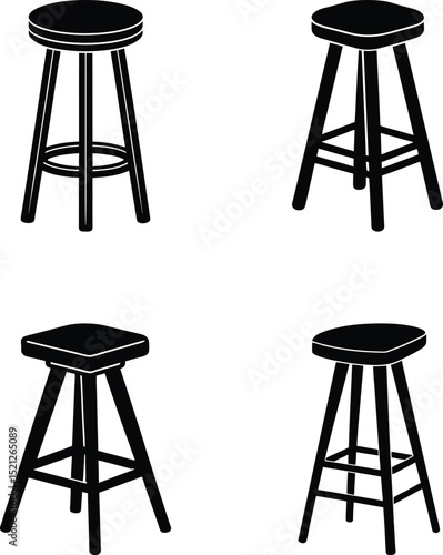 Silhouette illustration of four different modern bar stool designs in black and white