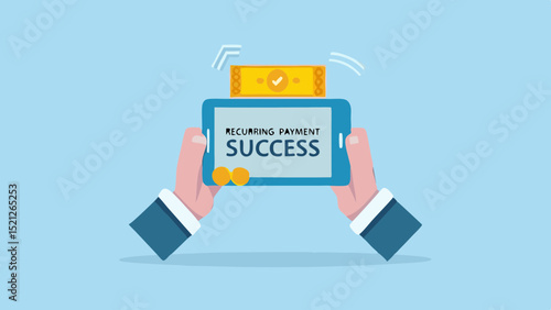 Person holding a mobile phone displaying recurring payment success with money transfer above it