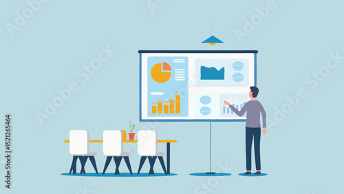 Man presenting data on screen in meeting room with chairs and table under hanging light fixture