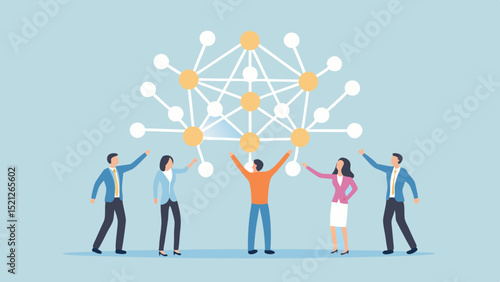 People working together on a network connection with nodes and lines in a light blue color background scene