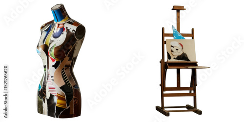 PNG vibrant mannequin stands beside a wooden easel displaying artwork.