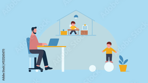 Illustration of a man working from home with children playing in the background and foreground area