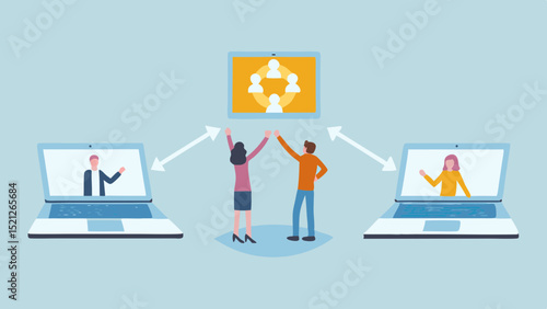 People celebrating a virtual meeting with colleagues on laptops and a central screen display