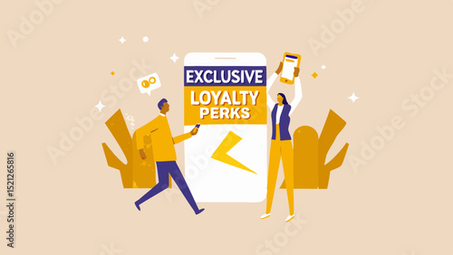 People celebrating exclusive loyalty perks with a phone and a mobile app interface design shown