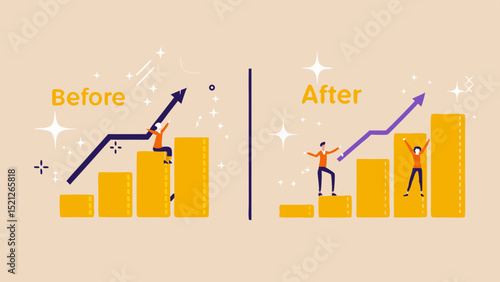 Illustration showing before and after business growth with rising graph and people celebrating