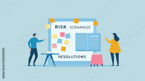 Two people discussing risk scenarios and resolutions on a whiteboard with sticky notes attached