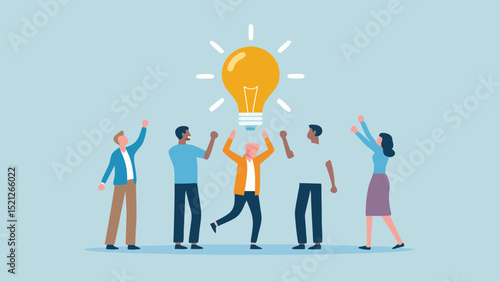 Team celebrates a bright idea represented by a large yellow lightbulb above them with arms raised high