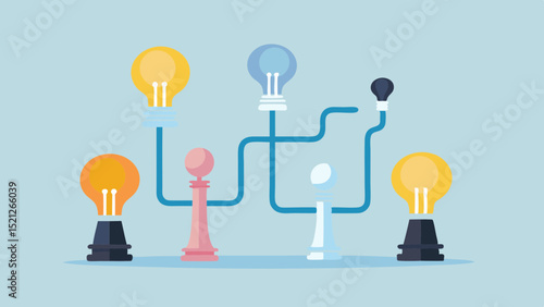 Light bulbs and chess pawns connected by a blue line on a light blue background illustration