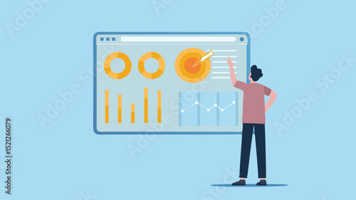 Man presenting data charts and target on a screen with graphs and diagrams displayed clearly to view