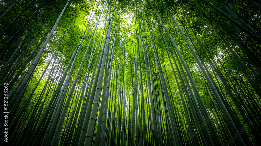 Fototapeta premium Dense Bamboo Forest With Sunlight Piercing Through Canopy