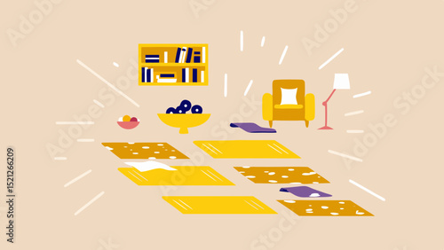 Illustration of a yoga studio with mats, bookshelf, chair, lamp, and fruit bowls on beige floor