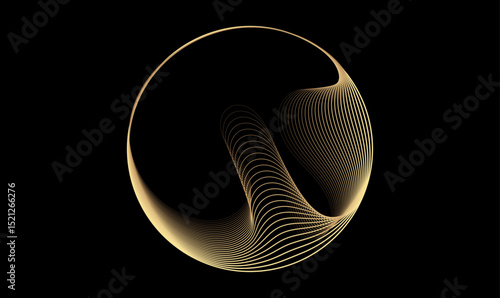Gold transparent circular of gold wavy line flowing smooth curve round shape frame on black background with copy space. Vector template for technology, science, music, social media, lux design