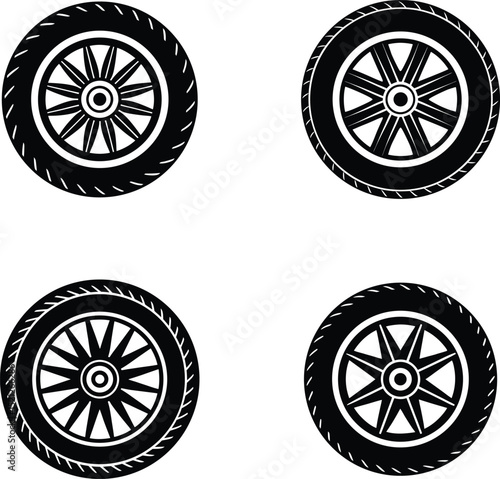Black and white illustrations of car tires and stylized vehicle wheels set on white background.